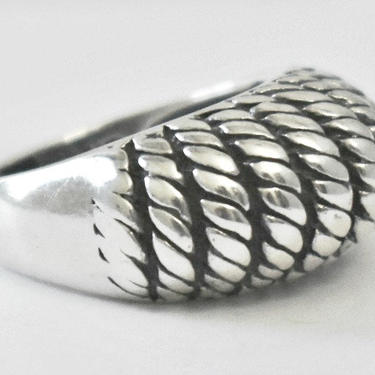70's sterling shrimp style snake skin edgy domed statement, handsome modern 925 silver abstract industrial rope pattern size 5 Thailand ring 