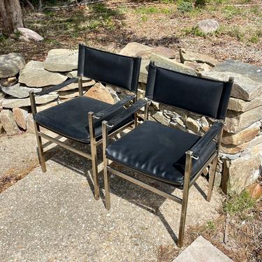 1970s Mid-Century Strap Arm Chairs Black Vinyl Steel Cafe Bistro Card Table Dining Seats 