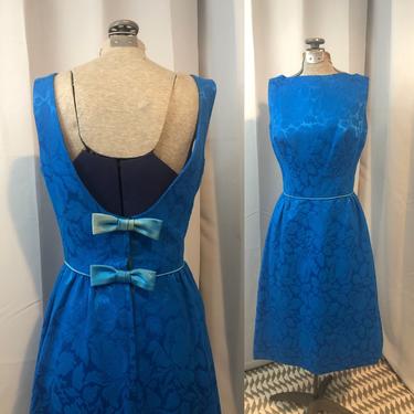 1960s vintage Mod cocktail dress Cobalt blue brocade and satin bows S 