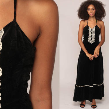 Black Velvet Dress 70s Boho LACE Halter Neck Maxi Party Bohemian Gothic High Waist Vintage Goth Cocktail 1970s Backless Extra Small xs 