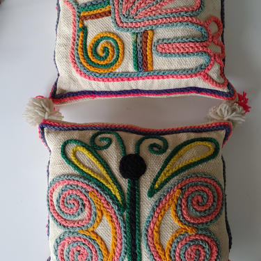 Vintage Scandinavian Modern Style Hand Crewel Pair of Pillows 