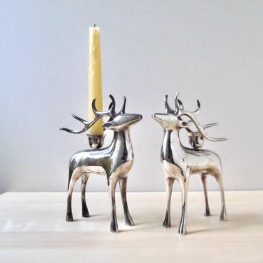 pair silver deer candleholders for taper candles - silver plate set of 2 reindeer modern holiday decor 