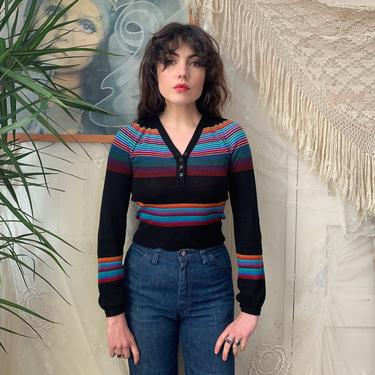 70's STRIPED SWEATER - black and rainbow - buttons - small 