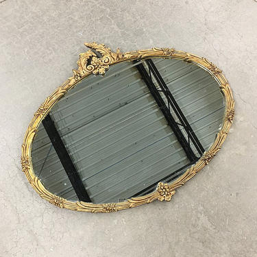 LOCAL PICKUP ONLY Vintage Gold Wall Mirror 1960s Retro Size 31x38 Large Oval Hanging Mirror with Ornate Wood Flower Carvings 
