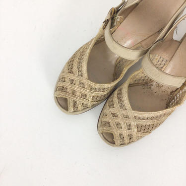Vintage 40s shoes | Vintage ivory peep toe heels | 1940s Woven sling back shoes 