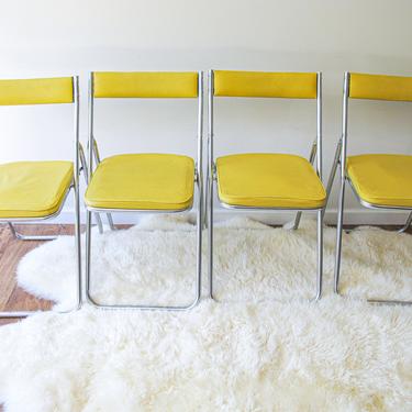 Vintage Set of 4 Midcentury Modern Folding Chairs with Naugahyde Yellow Seat Cushions 