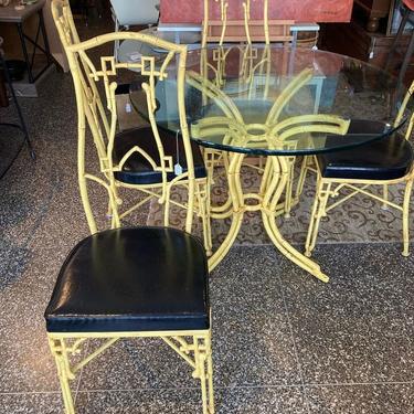Yellow metal bamboo look 5 piece set. Table is 42” x 30” chairs are 17” x 17” x 41.5” seat height 19”