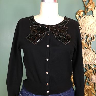 1990s black cardigan, sequin cardigan, cropped black sweater, novelty sweater, vintage cardigan, sequin bow, rhinestone buttons, medium, 34 