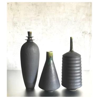 SHIPS NOW- set of 3 large stoneware ceramic vases glazed in Slate Matte Black with Green Flashing by Sara Paloma Pottery 