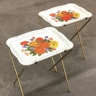 Vintage TV Trays Retro 1960s Mid Century Modern + Gold Metal and Floral Print Trays + Set of 2 Matching + MCM Kitchen and Home Decor 