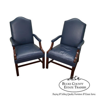 Quality Pair of Blue Leather Chippendale Style Office Arm Chairs (A) 