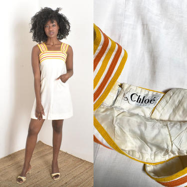 Vintage 1970s Dress / 70s Chloé Linen Mini Dress / White Yellow ( small S ) 