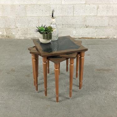 Vintage Stacking Tables Retro 1970's Set of 3 Matching Small Square Brown Wood + Black Marble Laminate + End Table + Side Table + Home Decor 