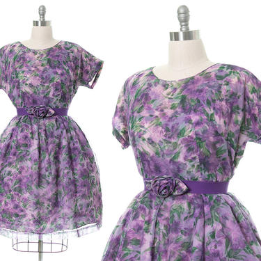 Vintage 1950s 1960s Dress | 50s 60s Purple Floral Chiffon Double Layered Fit and Flare Cocktail Volup Party Dress (x-large) 