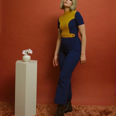 1970s color-blocked mock neck jumpsuit