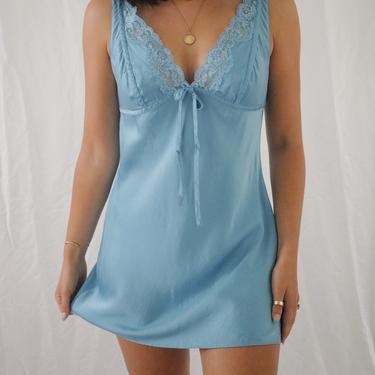 Vintage Sky Blue Silk + Lace Silk Slip Dress- Small 