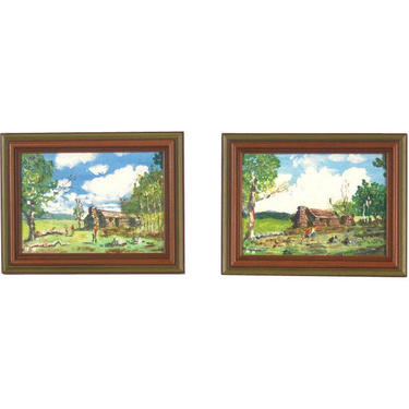 Pair Impressionist Oil Paintings Log Cabin Family Kids Playing 