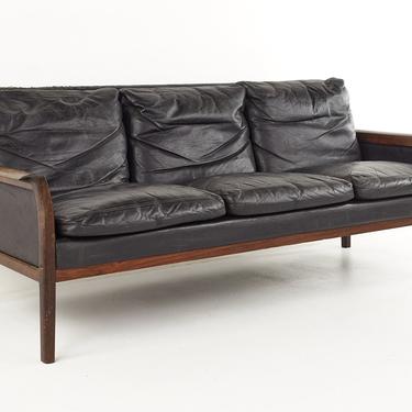 Hans Olsen for Vatne Mobler Mid Century Rosewood and Black Leather Sofa - mcm 