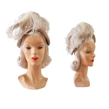 1940s Ivory &amp; Beige Feather Hat - 1940s Feather Hat - 1940s Feather Bonnet - 1940s Ivory Hat - 1940s Beige Hat - Vintage Feather Hat 