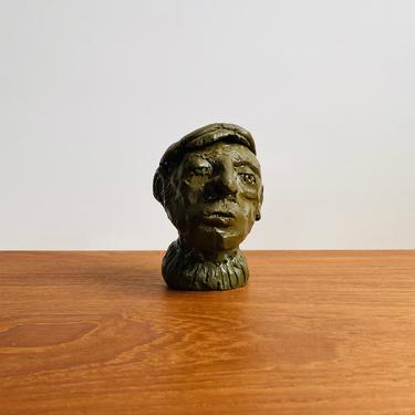 Mid-century tiny bust of a man in a beret or tam / handmade unique figurine or sculpture 