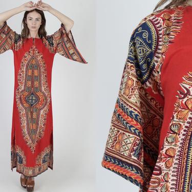 70s Red Dashiki Maxi Dress / Large Indian Bell Sleeve Ethnic Dress / Wing Kimono Style Angel Sleeves / Vintage Bohemian Festival Caftan 