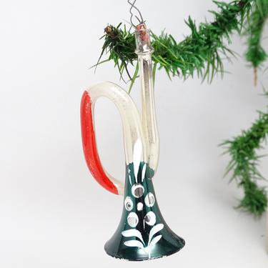 Antique 1930's Mercury Hand Blown Glass Hand Painted Trumpet Horn, Vintage Christmas Tree Ornament 