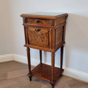 19th Century French Louis XVI Style Walnut Geometric Cube Parquetry Bedside Cabinet Nightstand or End Table 
