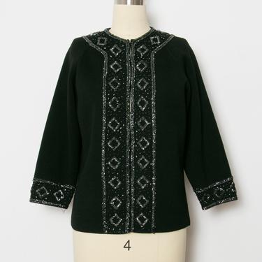 1960s Sweater Black Wool Beaded Cardigan M 