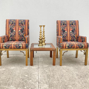 1980s Chippendale Style Chinese Themed Arm Chairs with Brass Legs