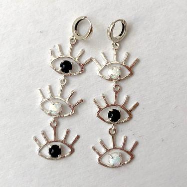 Eye Chain Hoop Dangle Earrings in Sterling Silver with Black Onyx and Opals 