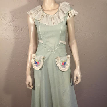 Depression Era Dresses - Vintage 1930s Celedon &amp; White Polka Dot Cotton Dress w/Floral Pockets - Study Piece 