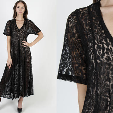 90s Black Lace Grunge Dress / Sheer 1990s Gothic Dress / See Through Floral Gypsy Srtyle / Full Skirt Goth Festival Long Maxi Womens Dress 