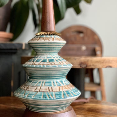 Retro Teal Lamp | Mid Century Teal Lamp | Turquoise and Gold Lamp | Urn Lamp | Mid Century Wood Lamp | Table Lamp | Bedroom | Living Room by PiccadillyPrairie
