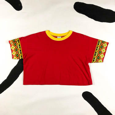 90s United Colors of Benetton Red Cropped Paisley Motif T Shirt / Crop Top / XL / Cotton / Screen Print / India / Allover Print / Large 