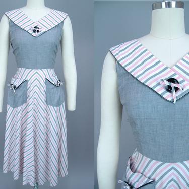 1950s Chambray Stripe Dress | Vintage 40s 50s Day Dress in Pink, Grey, &amp; White Chevron Stripe with Big Buttons and Pockets | medium 