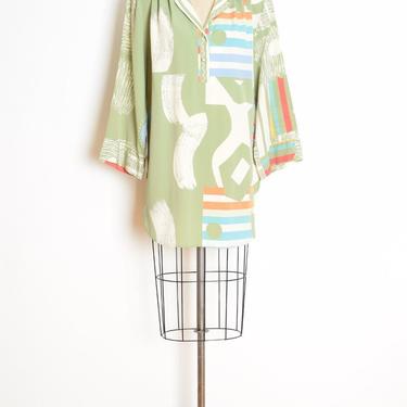 vintage 80s top moss green pastel abstract geometric print shirt top XXL tunic clothing plus size 