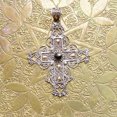 Vintage 18K Gold &amp; Sterling Silver Onyx Cross Pendant, BA Indonesia Suarti Bali 925, Large Silver Filigree Cross With Gold and Onyx Details 