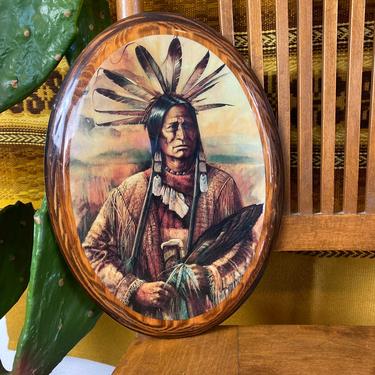 Vintage 1970s Decoupage Wood Plaque Native American Chief 