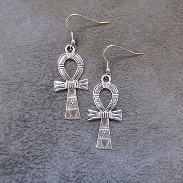 Ankh earrings etched silver, Egyptian earrings, African earrings, fertility symbol, Afrocentric earrings 