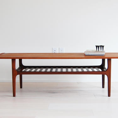 Danish Modern Teak Coffee Table with Second Magazine Shelf 