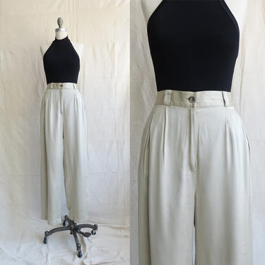 Vintage 80s Silk Champagne Trousers/ 1980s High Waisted Wide Leg Silver Brass Pants/ Size 30 