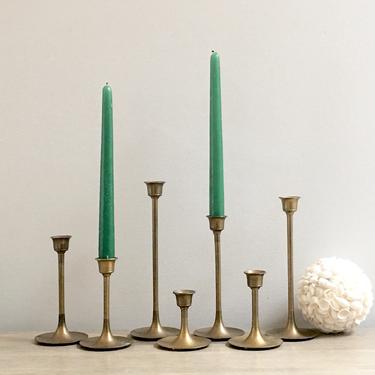 Brass Candlesticks Set of 7 Mid Century Graduated Gold Tulip Danish Mod Candle Holder Collection 