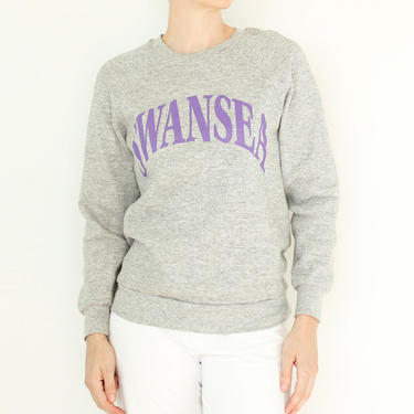 Vintage 80's heather gray sweatshirt, SWANSEA screenprint in purple, super soft poly / cotton material, gently worn in - Medium 