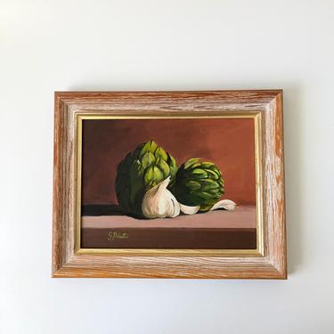 Vintage Artichoke and Garlic Still Life Oil Painting 