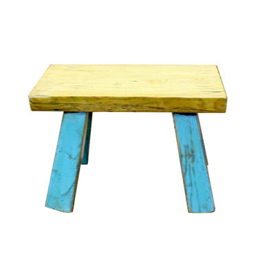 Raw Wood Top Finish Blue Legs Rectangular Short Stool Table cs5604E 