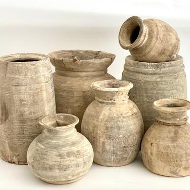 Rustic Bleached Wood Hand-Carved Vase Jug 