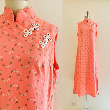 vintage 60's pink floral cheongsam dress 