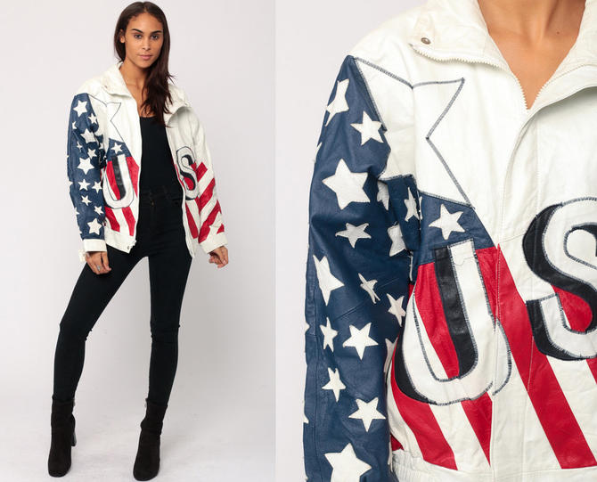 Red White and Blue USA Flag Genuine Leather Jacket Motorcycle Bomber Womens Small