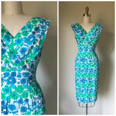 Vintage 1950s Dress • Odeta • Blue Green Floral Cotton 50s Wiggle Dress by Alix of Miami Size Small 