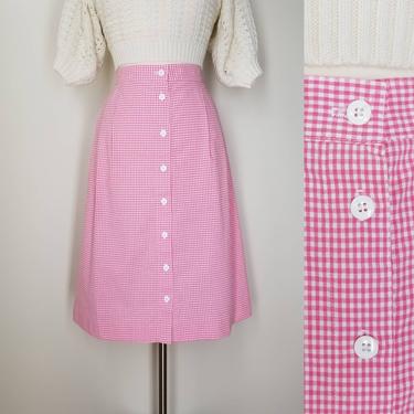 Vintage Pink Gingham Skirt, Extra Large / Pleated Front Button Skirt / Pink Day Skirt with Pockets / Country Plaid Volup Vintage Midi Skirt 